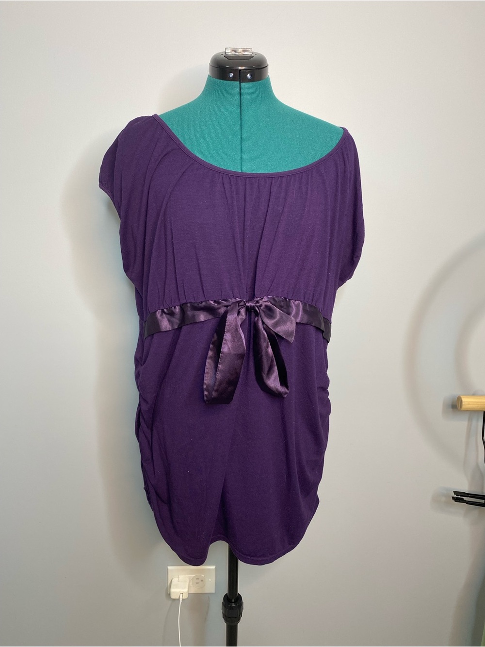 Motherhood Purple Scoop-Neck Tunic with Satin Waist Tie